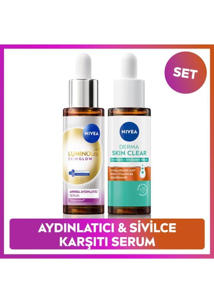 LUMINOUS630 Skin Glow Aydınlatıcı Serum 30ML ve Derma Skin Clear Sivilce Karşıtı Serum, Niasinamid