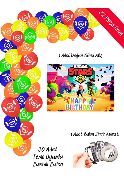 Brawl Stars Balon ve Afişli Doğum Günü Parti Süsleri Zincir Balon Seti