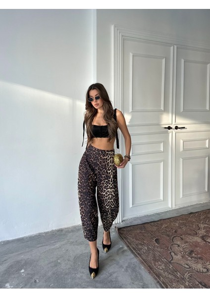 Leopar Desen Scuba Krep Kumaş Şalvar Balon Pantolon