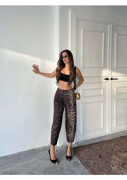 Leopar Desen Scuba Krep Kumaş Şalvar Balon Pantolon modelleri