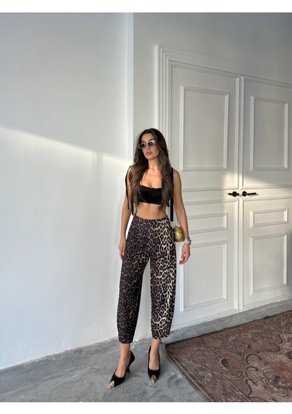 Leopar Desen Scuba Krep Kumaş Şalvar Balon Pantolon