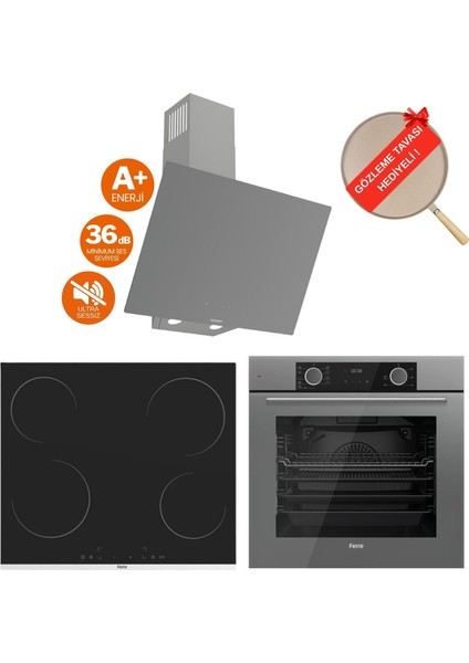 Fryart Milovia Vitroseramik Elektrikli Gri Ankastre Set ( D079-SA Sessiz + MS261 + XE63CPR)