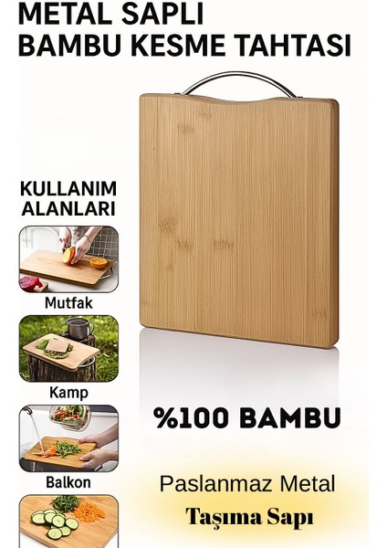 Metal Saplı 20X30 Bambu Kesme Tahtası – Paslanmaz Taşıma Saplı Doğrama Tahtası