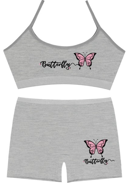 Kız Çocuk Bustiyer Şort Likralı Gri Kelebek (%96 Pamuk - %4 Elastan)