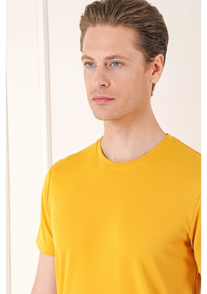 Slim Fit Bisiklet Yaka Pamuklu Safran Tişört Ts 880 modelleri