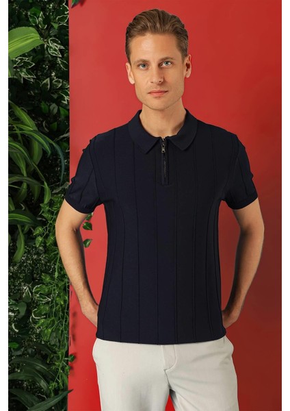 Slim Fit Fermuarlı Polo Yaka Kısa Kol Lacivert Triko Tr 865