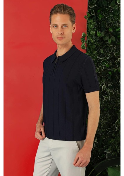 Slim Fit Fermuarlı Polo Yaka Kısa Kol Lacivert Triko Tr 865 fiyatları