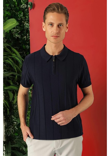 Slim Fit Fermuarlı Polo Yaka Kısa Kol Lacivert Triko Tr 865 modelleri