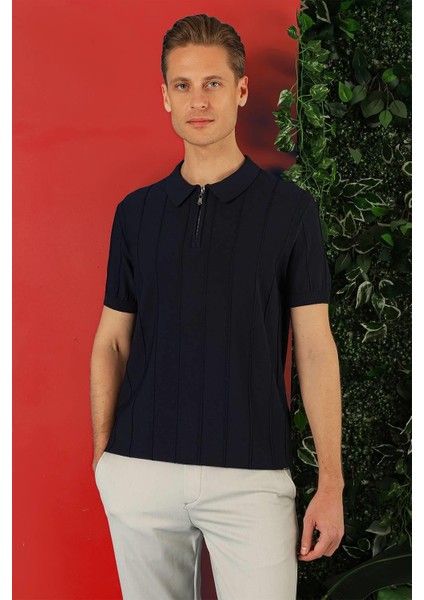 Slim Fit Fermuarlı Polo Yaka Kısa Kol Lacivert Triko Tr 865 fırsatları