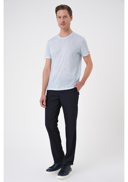 Comfort Fit Bisiklet Yaka Viskon Karışımlı Casual Mavi Tişört Ts 902