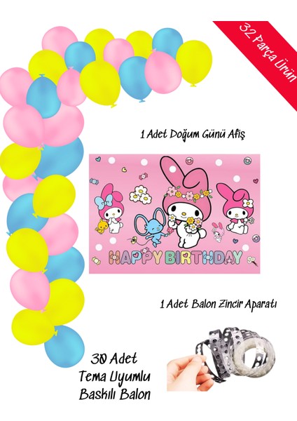 My Melody My Melodi Balon ve Afişli Doğum Günü Parti Süsleri Zincir Balon Seti