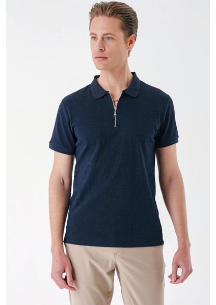 Slim Fit Fermuarlı Polo Yaka %100 Pamuk Lacivert Tişört Ts 877