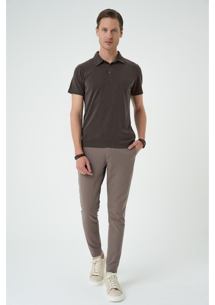 Slim Fit Düğmeli Polo Yaka Pamuklu Koyu Vizon Tişört Ts 879