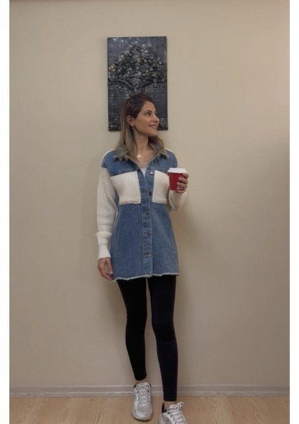 Triko Detaylı Denim Kot Hırka