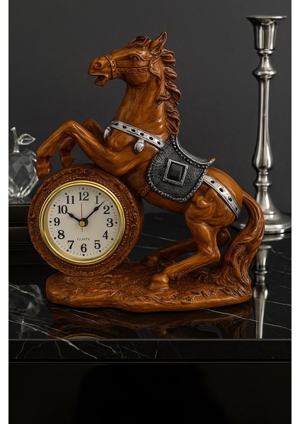 Dekoratif At Figürlü Masa Saati Kahverengi – Retro At Figürlü Masa Saati Polyester 17X22 cm