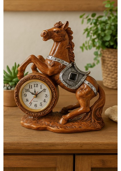 Dekoratif At Figürlü Masa Saati Kahverengi – Retro At Figürlü Masa Saati Polyester 17X22 cm fiyatları