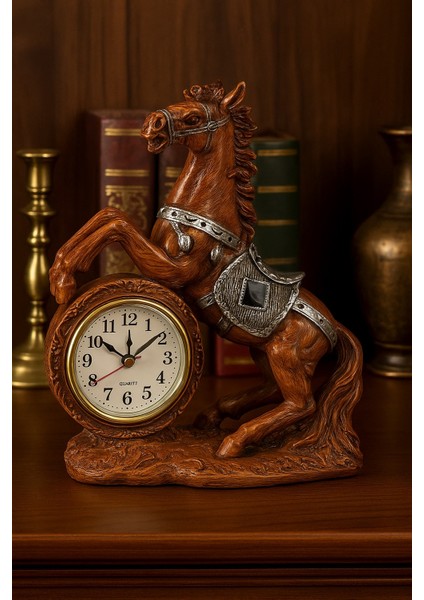 Dekoratif At Figürlü Masa Saati Kahverengi – Retro At Figürlü Masa Saati Polyester 17X22 cm modelleri