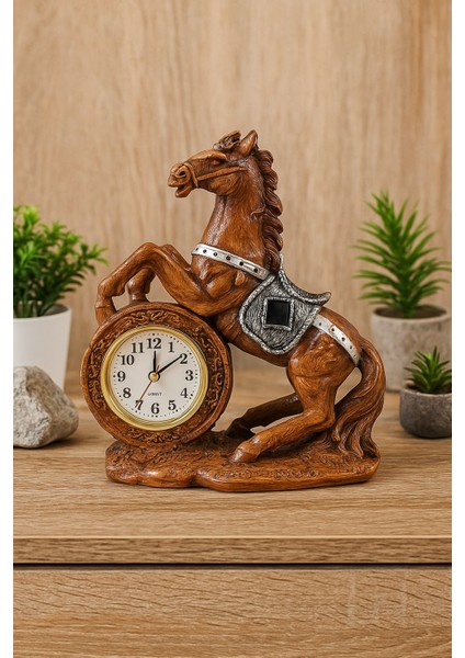 Dekoratif At Figürlü Masa Saati Kahverengi – Retro At Figürlü Masa Saati Polyester 17X22 cm fırsatları