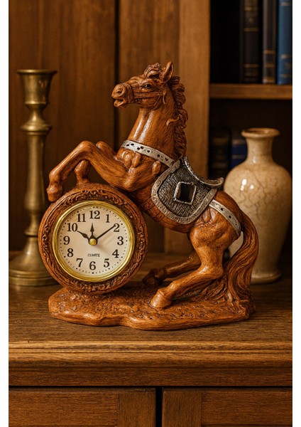 Dekoratif At Figürlü Masa Saati Kahverengi – Retro At Figürlü Masa Saati Polyester 17X22 cm indirimleri