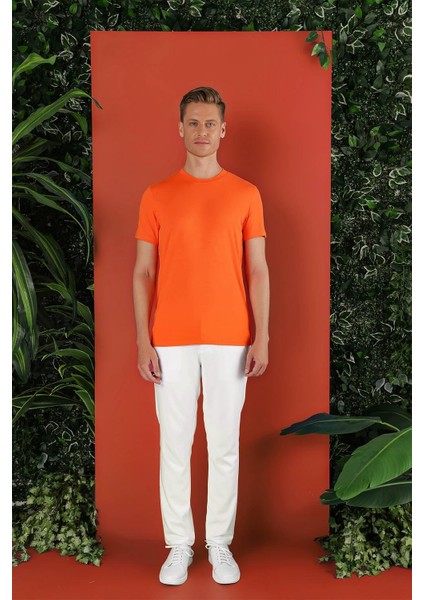 Slim Fit Bisiklet Yaka Düz Pamuklu Oranj Tişört Ts 823