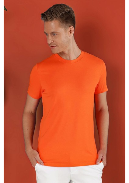 Slim Fit Bisiklet Yaka Düz Pamuklu Oranj Tişört Ts 823 modelleri