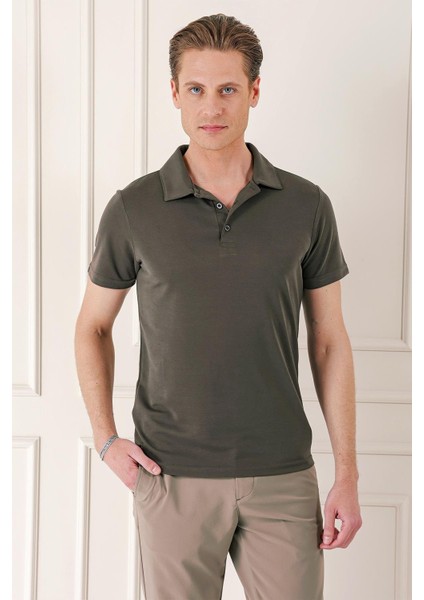 Slim Fit Düğmeli Polo Yaka Pamuklu Vizon Tişört Ts 879