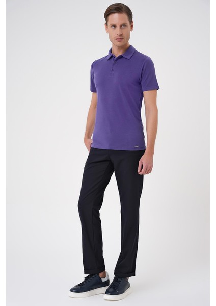 Slim Fit Düğmeli Polo Yaka Pamuklu Mor Tişört Ts 879