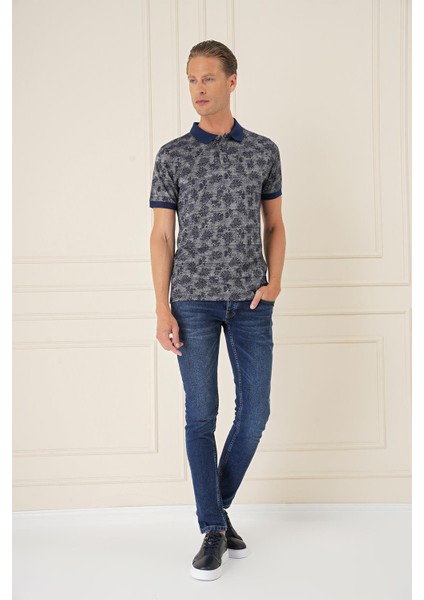 Slim Fit Dal Yaprak Desen Polo Yaka Pamuklu Lacivert Tişört Ts 884