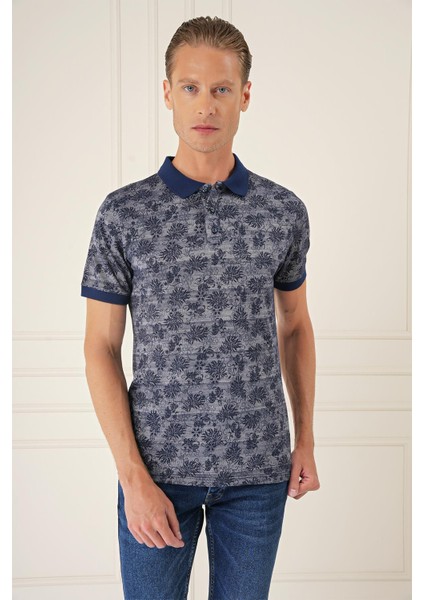 Slim Fit Dal Yaprak Desen Polo Yaka Pamuklu Lacivert Tişört Ts 884 modelleri