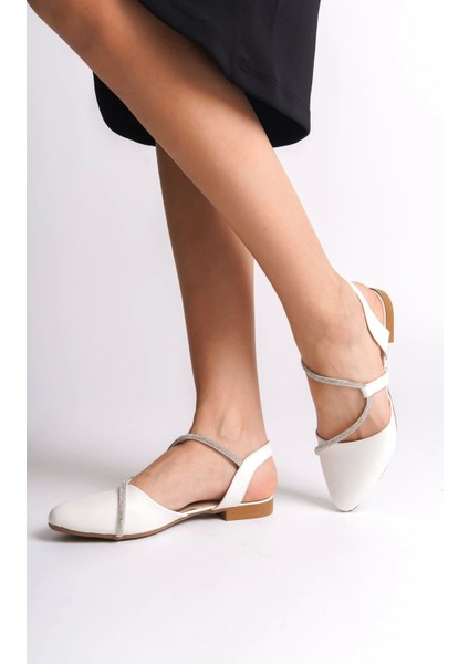 Lastikli Ortopedik Rahat Taban Taş Detaylı Kadın Babet Ayakkabı - Beyaz Hannah