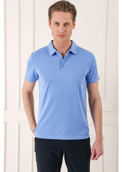Slim Fit Düğmeli Polo Yaka Pamuklu Mavi Tişört Ts 879