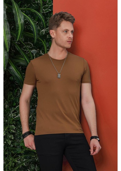 Slim Fit Bisiklet Yaka Düz Pamuklu Tarçın Tişört Ts 823