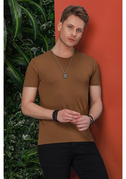 Slim Fit Bisiklet Yaka Düz Pamuklu Tarçın Tişört Ts 823 fiyatları