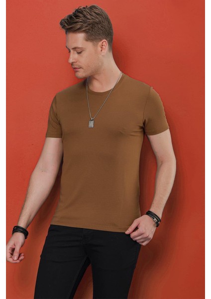 Slim Fit Bisiklet Yaka Düz Pamuklu Tarçın Tişört Ts 823 modelleri