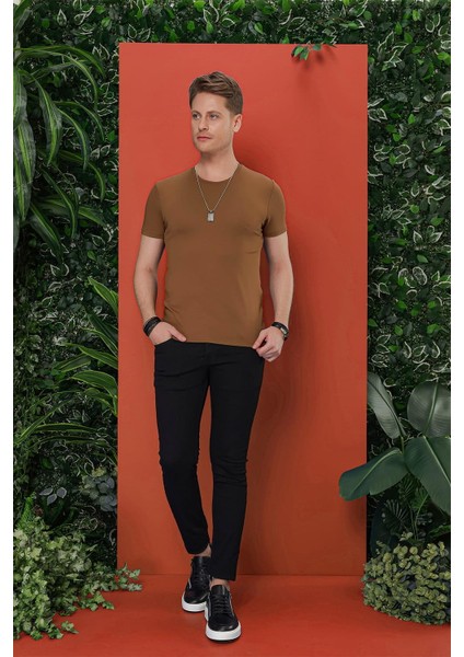 Slim Fit Bisiklet Yaka Düz Pamuklu Tarçın Tişört Ts 823 fırsatları