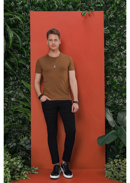 Slim Fit Bisiklet Yaka Düz Pamuklu Tarçın Tişört Ts 823 indirimleri