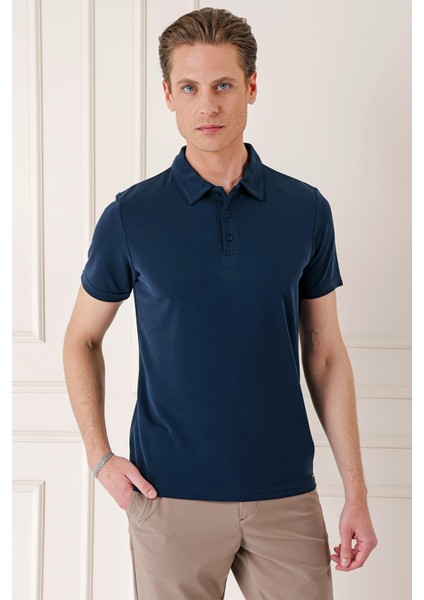 Slim Fit Düğmeli Polo Yaka Pamuklu Lacivert Tişört Ts 879