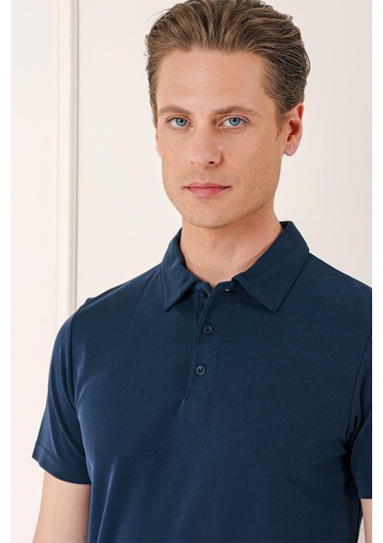 Slim Fit Düğmeli Polo Yaka Pamuklu Lacivert Tişört Ts 879 modelleri