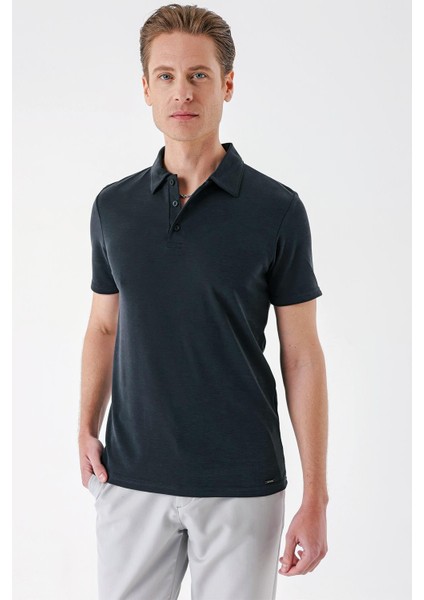 Slim Fit Düğmeli Polo Yaka Pamuklu Siyah Tişört Ts 879