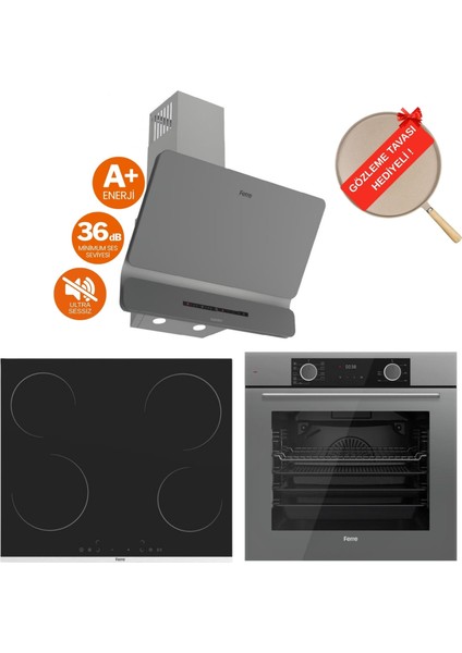 Fryart Fusion Vitroseramik Elektrikli Gri Ankastre Set ( D082-SA Sessiz + MS261 + XE63CPR)