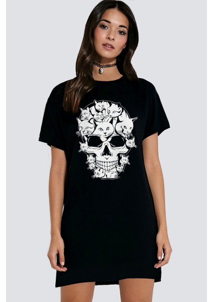 Miyav Kurukafa Siyah Kısa Kollu Penye Kadın T-Shirt Elbise