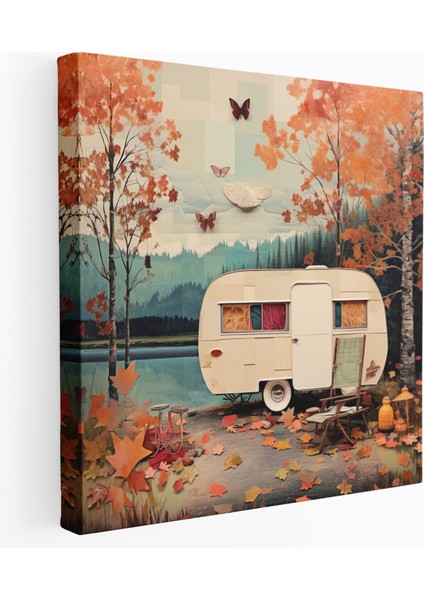 Vintage Göl Kenarı Karavan Kanvas Tablo - Karavan Huzur Duvar Dekorasyonu Sükunet