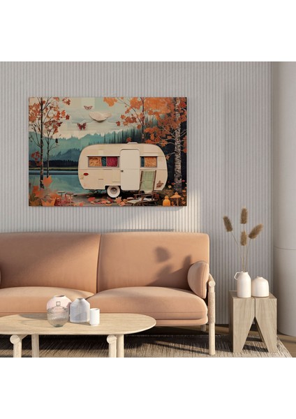 Vintage Göl Kenarı Karavan Kanvas Tablo - Karavan Huzur Duvar Dekorasyonu Sükunet fiyatları