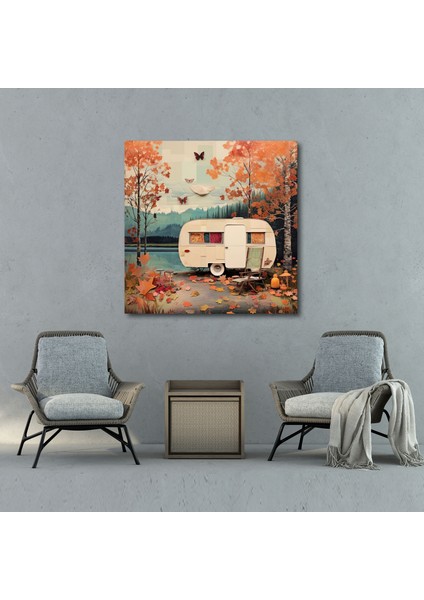Vintage Göl Kenarı Karavan Kanvas Tablo - Karavan Huzur Duvar Dekorasyonu Sükunet modelleri