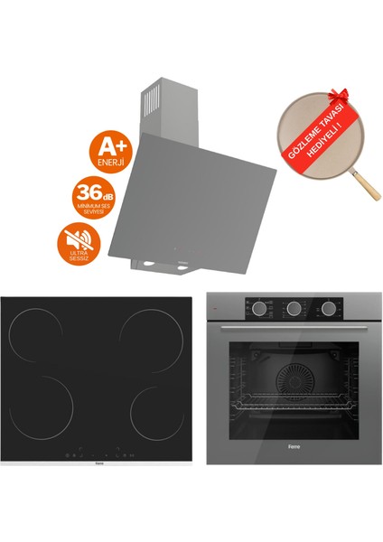 Fryart Vitello Vitroseramik Elektrikli Gri Ankastre Set ( D079-SA Sessiz + MS261 + QXE62CPR)