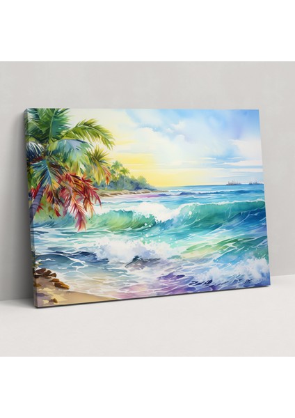 Güneşli Plaj Kanvas Tablo - Dünya Palmiye Ağaçları Güneş Kanvas Duvar Sanatı