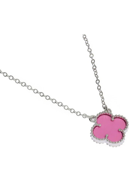 Kadın Koyu Pembe Renk Yonca Model Çelik Kolye