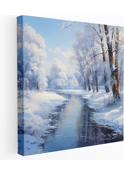 Noel Kanvas Tablo - Huzurlu Kış Manzarası - Noel Kanvas Donmuş Göl Kanvas Duvar Sanatı