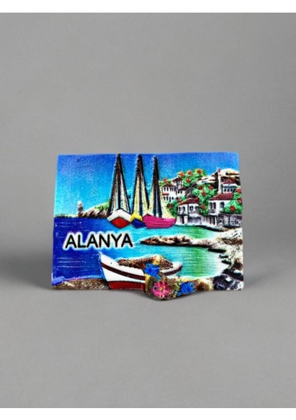 Alanya Temalı Kabartma Polyester Magnet. 7cm x 6cm. Mavi