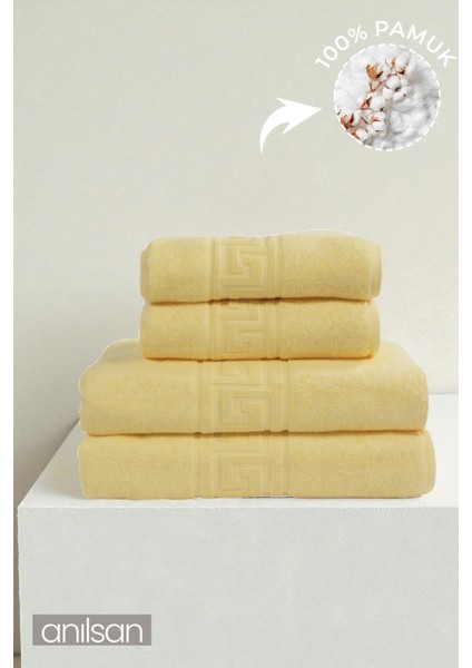 Pamuk 4'lü Sarı Greek Havlu Seti - 2 Adet El Havlusu ve 2 Adet Banyo Havlusu